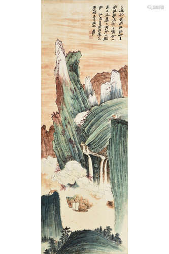 ZHANG DAQIAN: FRAMED INK AND COLOR ON PAPER PAINTING 'MOUNTAIN SCENERY'