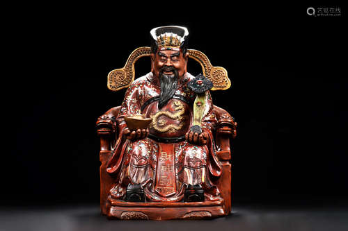 YIXING ZISHA PAINTED 'GOD OF WEALTH' SEATED FIGURE