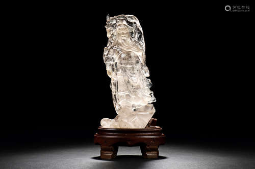 CRYSTAL CARVED 'GUAN YU' FIGURE WITH WOODEN STAND