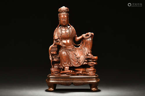 RED SHOUSHAN STONE CARVED GUANYIN FIGURE