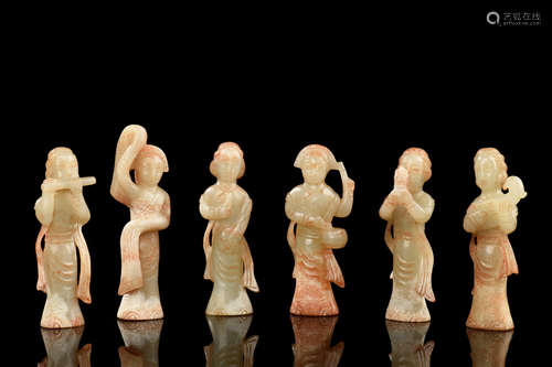 GROUP OF SIX JADE CARVED 'FEMALE MUSICIANS' FIGURES