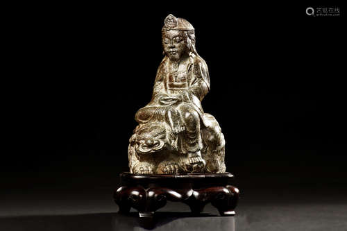 BLACK STONE CARVED MANJUSRI SEATED FIGURE