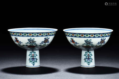 PAIR OF DOUCAI 'EIGHT TREASURES' STEM CUPS