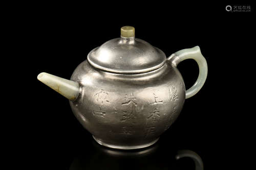 JADE MOUNTED PEWTER 'CALLIGRAPHY' TEAPOT