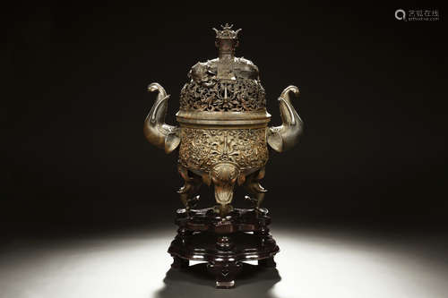 A MASSIVE BRONZE TRIPOD CENSER AND COVER