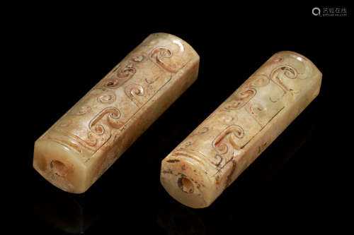 PAIR OF ARCHAIC JADE CARVED RITUAL TUBES