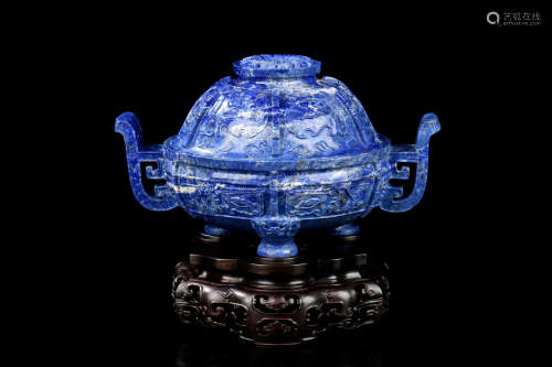 LARGE LAPIS LAZULI CARVED TRIPOD CENSER WITH WOODEN STAND