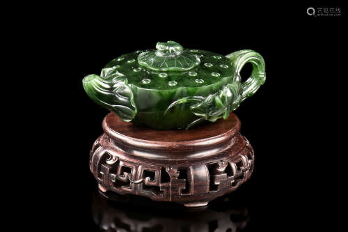 NEPHRITE JADE CARVED 'LOTUS' TEAPOT WITH WOODEN STAND