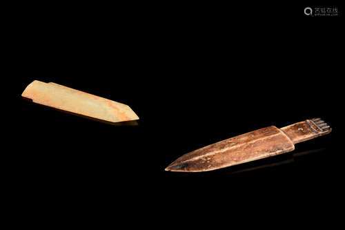 TWO JADE CARVED SPEAR TIP ORNAMENTS