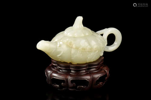 JADE CARVED 'PUMPKIN' TEAPOT WITH WOODEN STAND