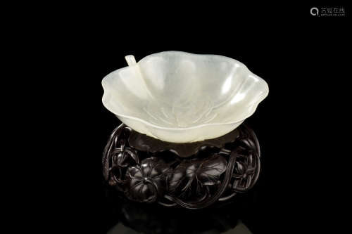 WHITE JADE CARVED FLORIFORM BOWL WITH WOODEN STAND