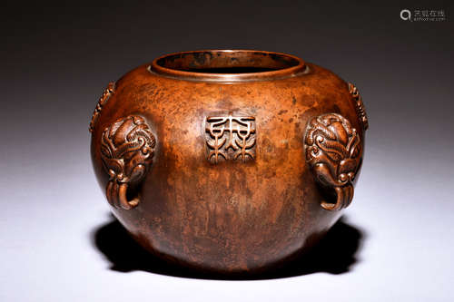 BRONZE JAR WITH INSCRIPTION AND FOUR HANDLES