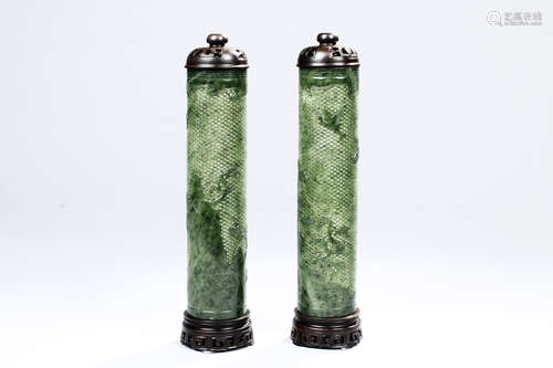 PAIR OF CARVED NEPHRITE JADE CRICKET BOTTLES