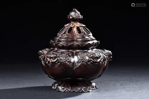 ZITAN WOOD CARVED 'MYTHICAL BEAST' CENSER WITH LID