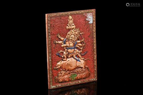 JADE CARVED AND PAINTED BODHISATTVA PLAQUE