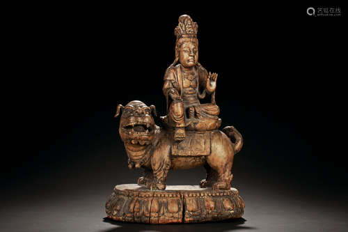 WOOD CARVED GUANYIN AND BEAST FIGURE