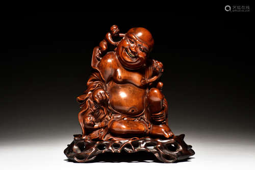 WOOD CARVED MAITREYA BUDDHA SEATED FIGURE