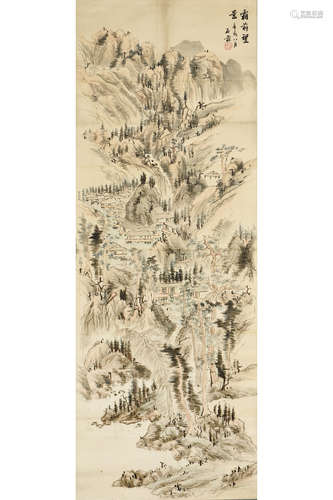 SHI ZHUANG: INK AND COLOR ON PAPER PAINTING 'LANDSCAPE SCENERY'