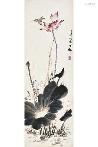 WANG XUETAO: INK AND COLOR ON PAPER PAINTING 'LOTUS FLOWERS'