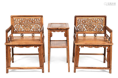 PAIR OF HUANGHUALI WOOD CARVED CHAIRS AND A STAND