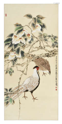 GUO RUYU: INK AND COLOR ON PAPER PAINTING 'FLOWERS AND BIRDS'