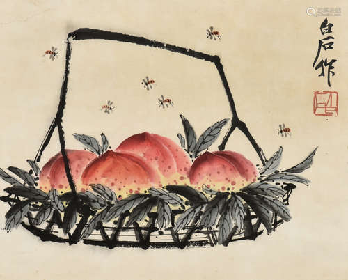 QI BAISHI: FRAMED INK AND COLOR ON PAPER PAINTING 'PEACHES'