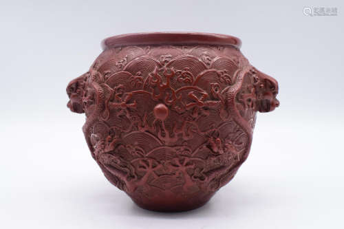 CINNABAR LACQUER CARVED 'DRAGONS' JARDINIERE