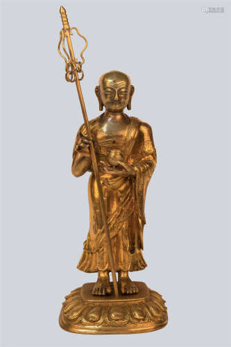A Gilt Bronze Figurine of Bodhisattva Ksitigarbha, China 18th Century.
