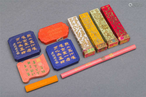 A Group of Seven Chinese Color Ink Cakes, Qing Dynasty.
