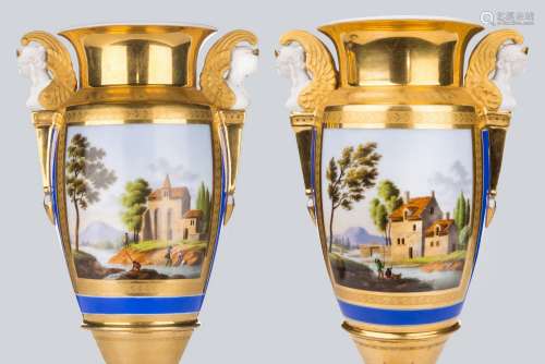 A Pair of Empire Paris Porcelain Vases Decorated with Landscapes.