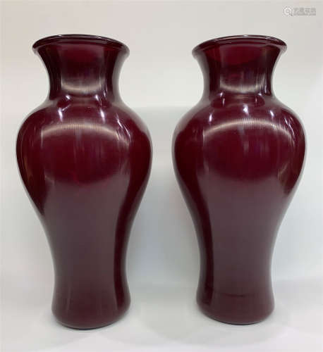 A Pair of Ruby - Red Peking Glass vases, Qing Dynasty seal marks.