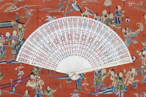 A Carved Ivory Fan with Original Box, China, 19th Century.