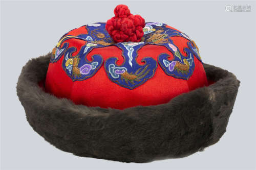 A Manchu Women Winter Hat Decorated with Embroidery, Qing dynasty.
