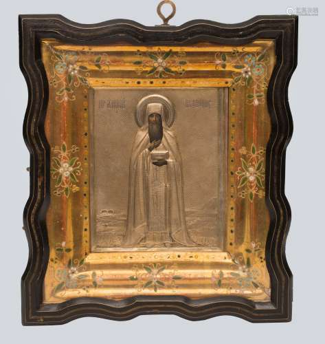 A Russian Icon of Saint Alimpy(Alypius) Iconographer with Gilt Silver Oklad and Kiot.