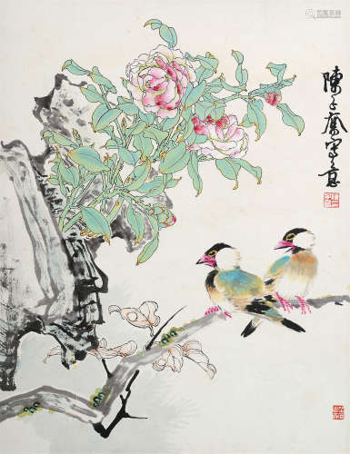 陈子奋（1898～1976） 月季小鸟图 立轴 设色纸本