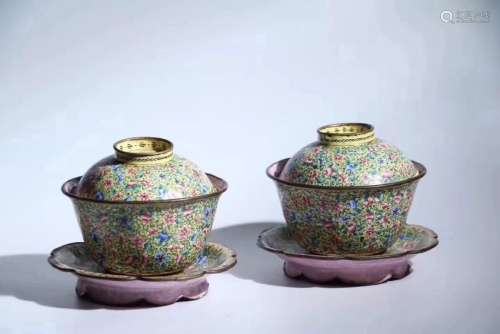 PAIR COPPER ENAMELED FLORAL PATTERN BOWLS