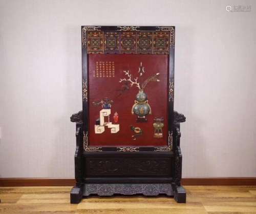 A LACQUER DECORATED ZITAN WOOD SCREEN
