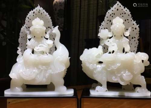 PAIR HETIAN WHITE JADE CARVED BUDDHA FIGURES