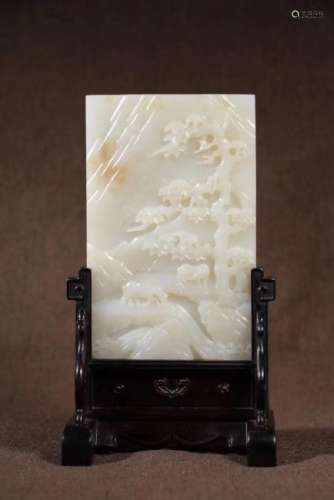 A RED WOOD BASE HETIAN JADE CARVED SCREEN