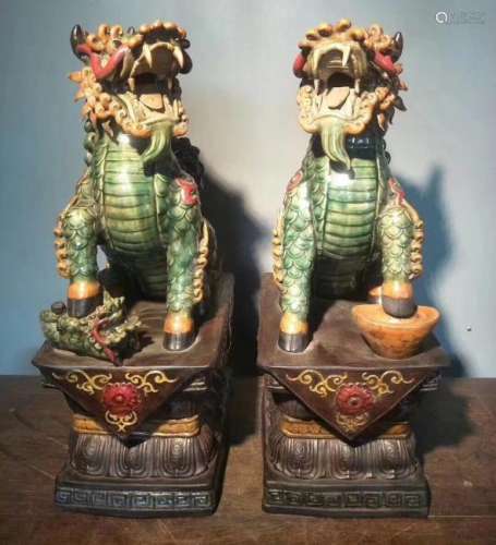 PAIR GLAZE ZISHA QILIN FIGURES