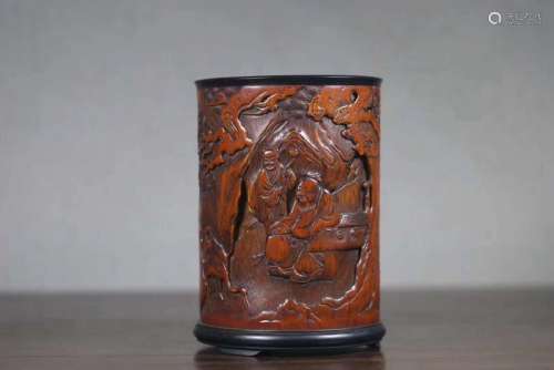 A OLD BAMBOO WOOD CARVED BRUSH POT