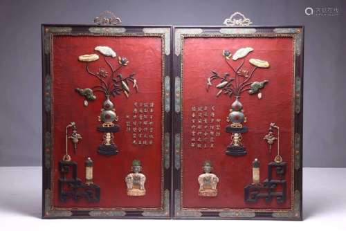 PAIR RED LACQUER HANGING SCREENS