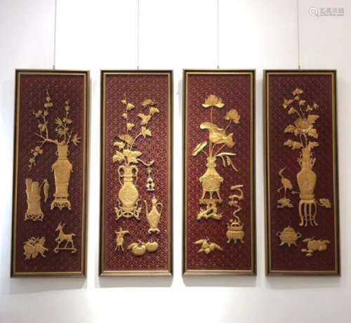 SET OF FOUR RED LACQUER HANGING SCREENS