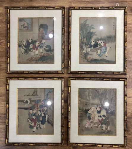 SET OF FOUR FIGURE PATTERN FRAMED PAINTINGS