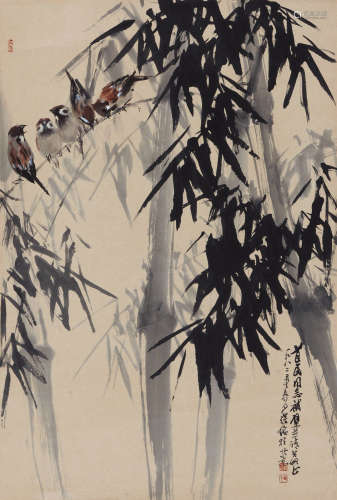 罗铭（1917～2007） 1982年作 竹雀图 立轴 设色纸本
