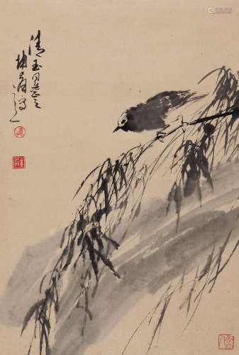 卢坤峰（b.1934） 柳雀图 立轴 水墨纸本