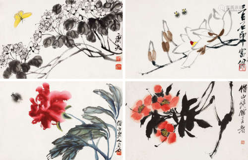 齐白石（1864～1957） 花卉草虫 （四帧） 镜心 设色纸本