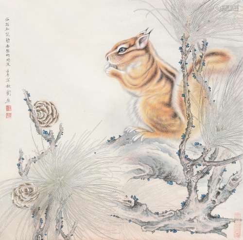 刘广 2002年作 昼岩松鼠静 镜心 设色纸本