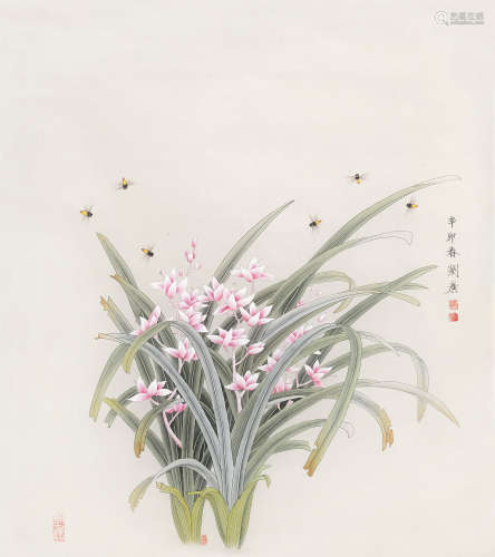 刘广 2011年作 兰花蜜蜂 镜心 设色绢本