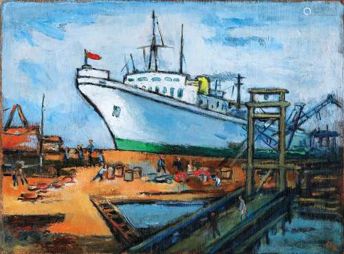 关良（1900～1986） 1960年代作 海港晨曲 木板油画